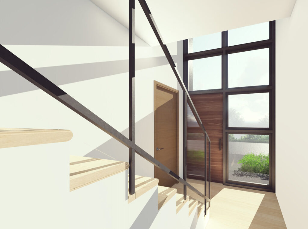 Illustration of the light-filled entrance and staircase at Brook Lane